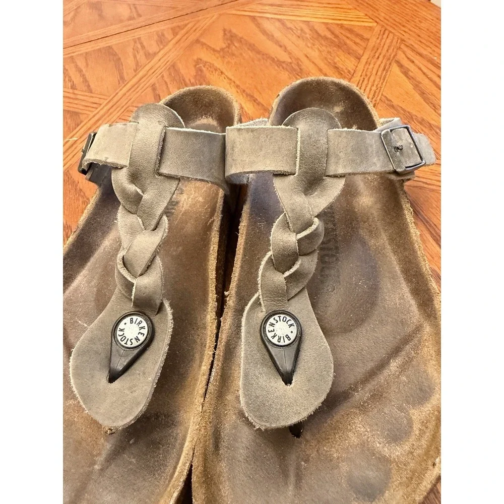 Birkenstock Gizeh Oiled Gray Leather Braided Sandal Women Sz EU 39/US L 8 - Picture 2 of 8